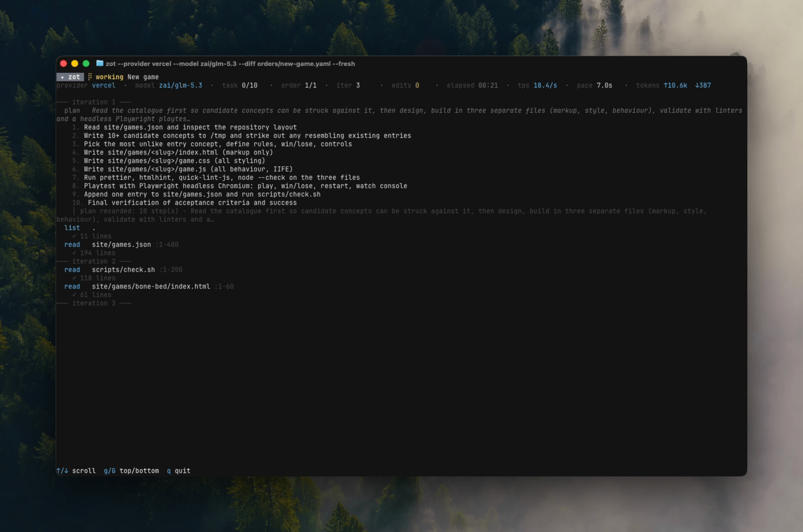 zot running a work order: the plan, the edits and the verification streaming by in the terminal